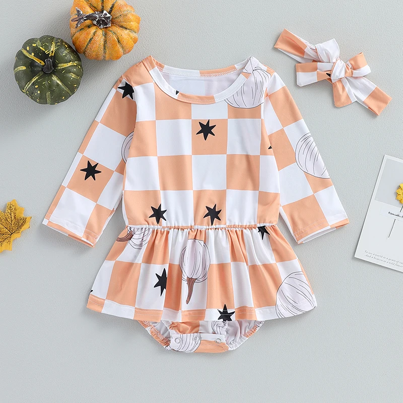 

BeQeuewll Baby Girl Halloween Outfits Long Sleeve Checkerboard Print Romper with Headband Set Newborn Clothes For 0-24 Years