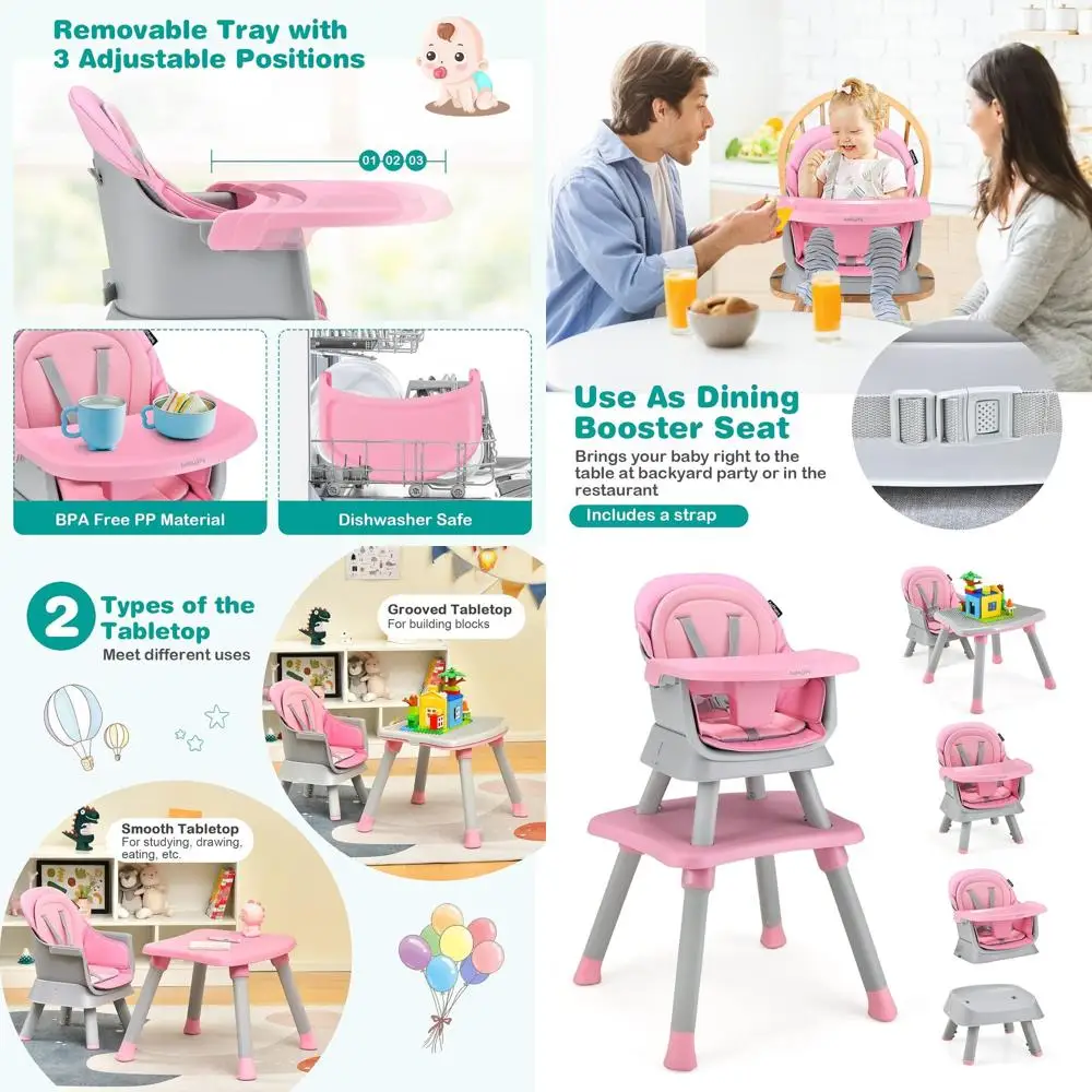 

Многофункциональный стульчик-трансформер 8-в-1 для младенцев и малышей с ремнями безопасности, съемным подносом - розовый