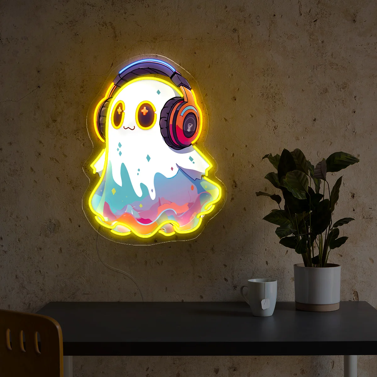 Cute Ghost With Headphones Neon Sign Anime Artwork Wall Art Decor Game Room Neon Children Birthday Gift USB Dimmable Neon