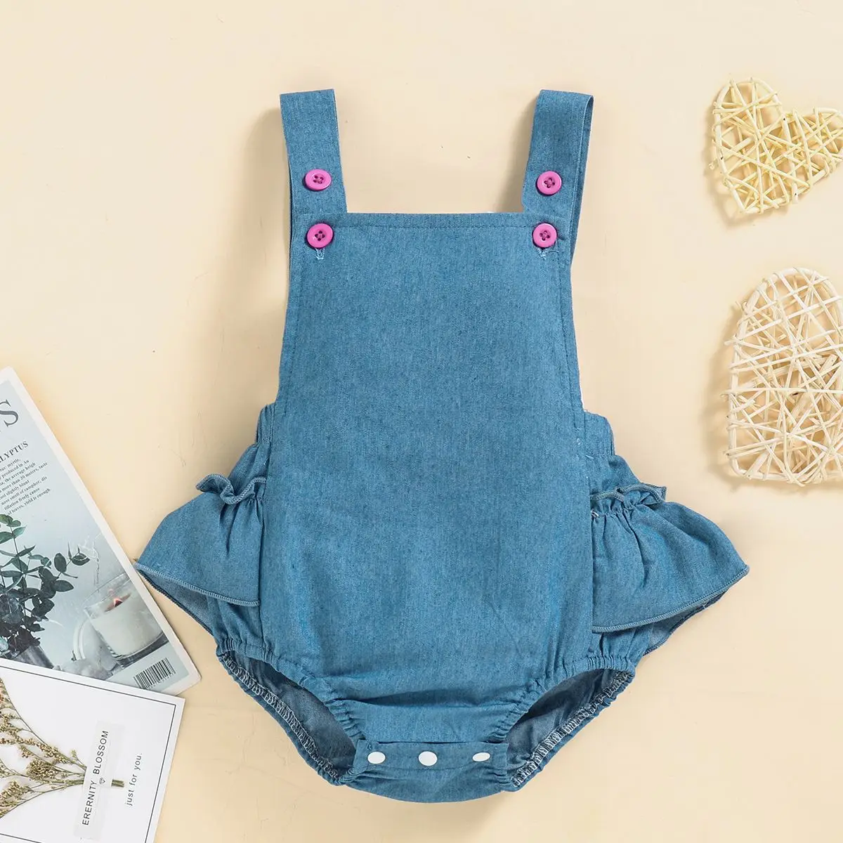 Summer New Baby Girl Plaid Short-Sleeved Top Denim Triangle Bag Bodysuits + Headscarf Romper Clothes Three-Piece Sets