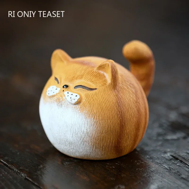 

Chinese Yixing Sculpture Purple Clay Tea Pet Cute Lucky Cat Statue Animal Tea Figurine Ornaments Handmade Tea Set Decoration