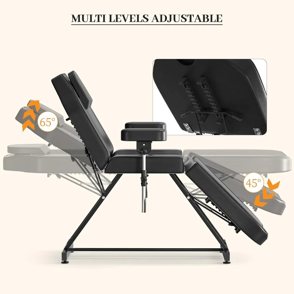 

Multi-Use Tattoo Chair: Adjustable Armrests, Facial Bed with Rolling Stool & Removable Headrest - Spa Massage Table​