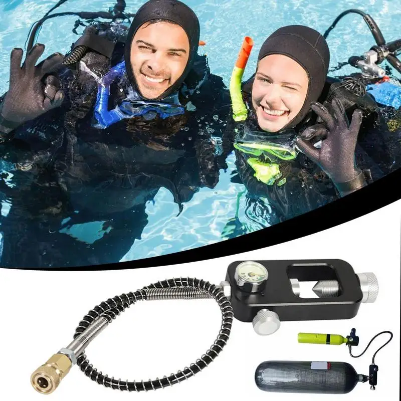 Adaptor isi ulang tangki Scuba, aksesori adaptor isi ulang silinder oksigen paduan aluminium dengan pengukur dan selang Scuba