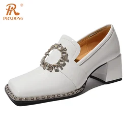 PRXDONG New Arrivals Genuine Leather Spring Summer Women Pumps Square Med Heel Crystal Black White Dress Party Office Lady Shoes