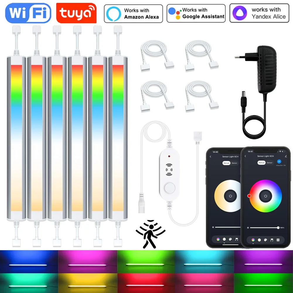 

DC12V Radar Human Motion Sensor Tuya Wifi Under Cabinet LED Lighting Kit RGBCCT Dimmable Closet Night Lights for Alexa Google