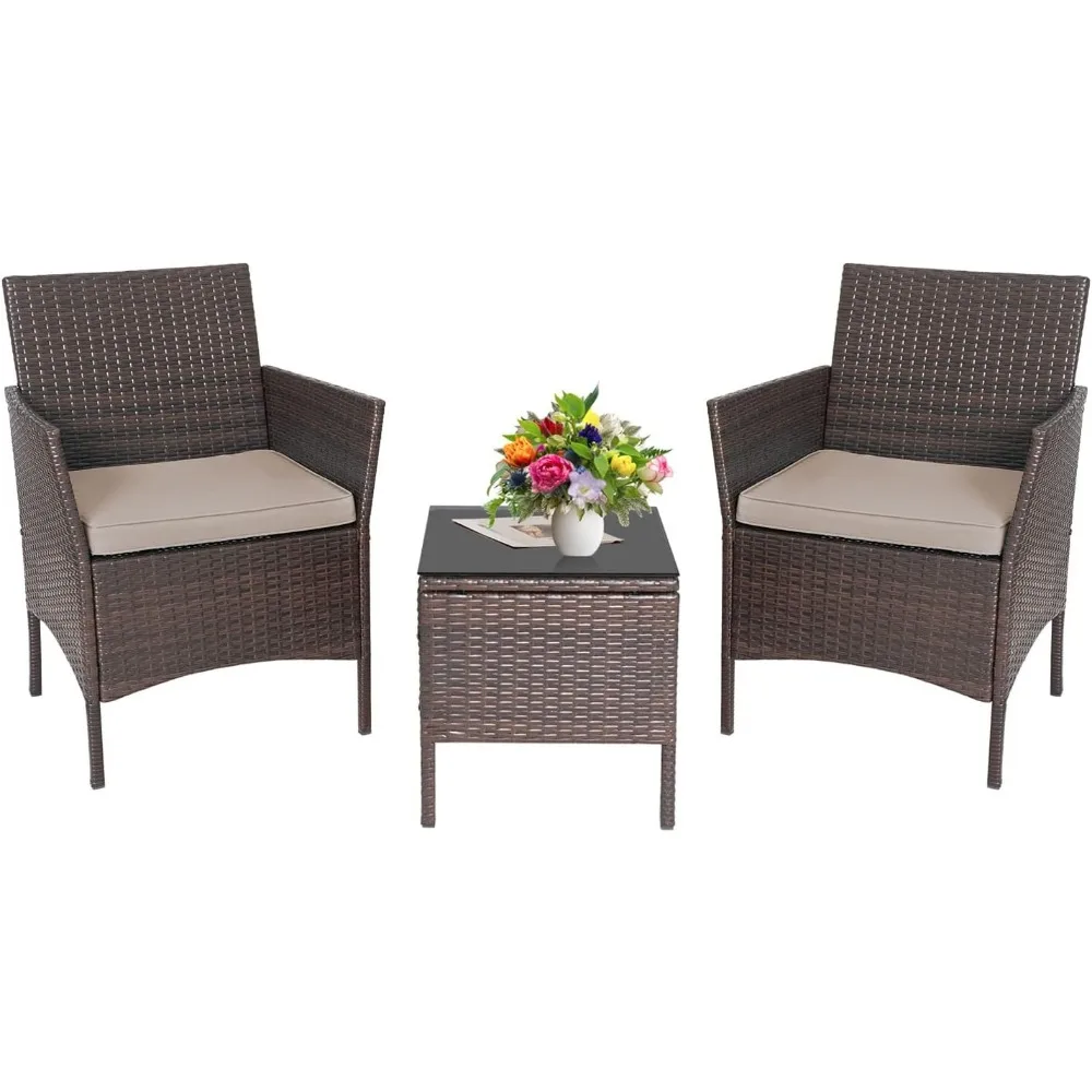 3-teiliges Konversations-Bistro-Set aus Korbgeflecht für den Außenbereich, Terrassen-Veranda-Möbel-Sets für den Hof, Garten mit 2 PE-Rattan-Korbstühlen