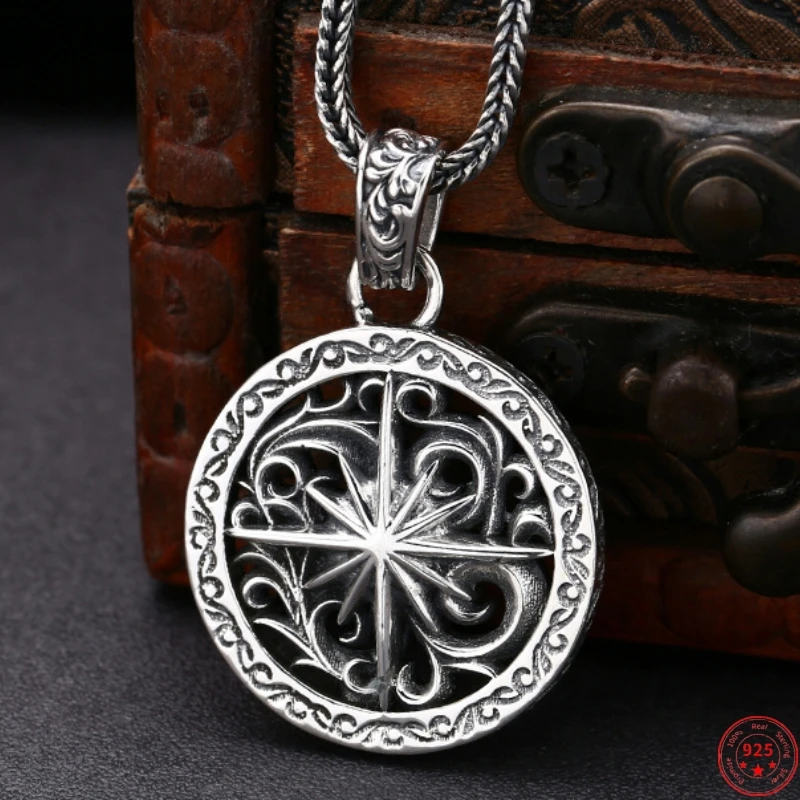 

S925 Sterling Silver Pendants for Women Men New Fashion Sun God Radiance Hollow Eternal Vine Compass Punk Jewelry Free Shipping