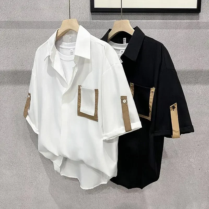 

Plain Half Sleeve Black with Pocket Shirts for Men White Tops Cheap Brand Silk Cotton Slim Fit Summer Aesthetic Casual Man Shirt