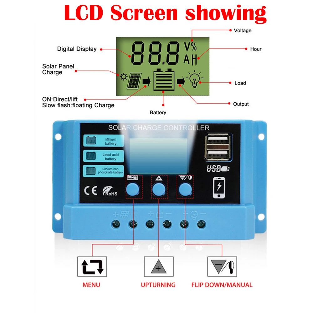 PWM 10A 20A 30A Solar Charge Controller 12V 24V PV Regulator For Lifepo4 Lithium GEL Lead Acid For 100W 200W 300W Solar Panel