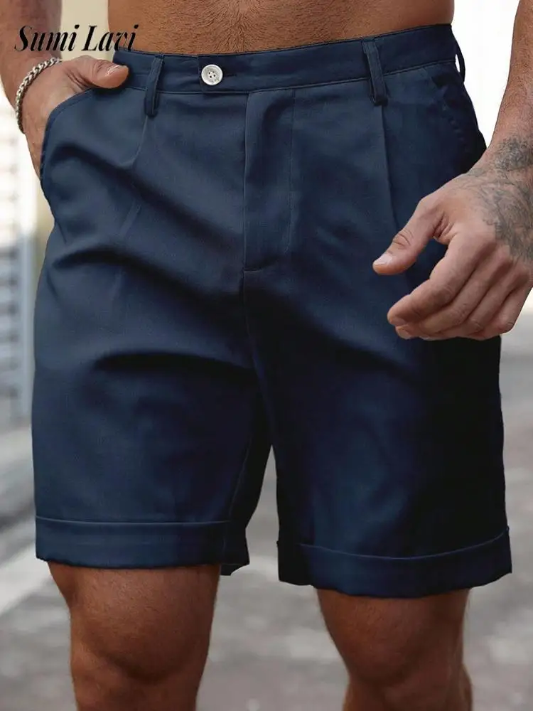 

New Casual Solid Color Loose Shorts For Mens Summer Daily Leisure Breathable Straight Shorts Stylish Men Pleated Design Shorts