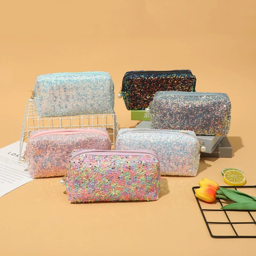 

Sequin Cosmetic Makeup Pouch Clutch Organizer Bag Travel Toiletry Jewelry Cute Purse Adjustable Strap Glitter Cosmetic Zip Bag