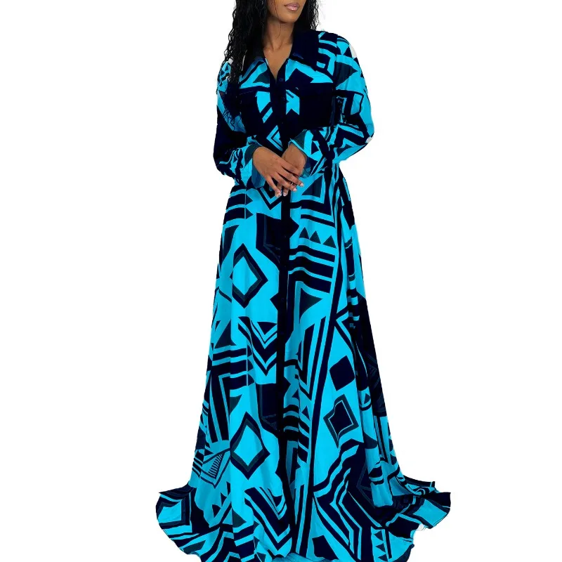 Afrikanisches Hemd Maxi kleid Frauen hohe Taille volle Ärmel Roben Frühling neue Mode druck elegante Streetwear afrikanische Kleider Vestidos