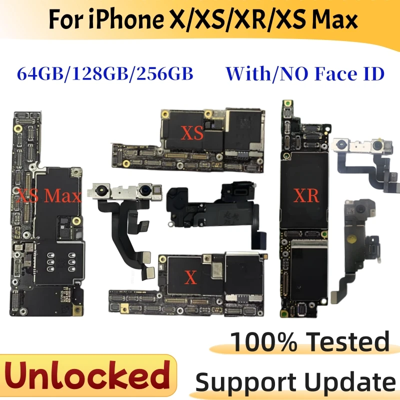 100% Working For iPhone X XR XS Max Motherboard Unlocked with/NO face ID Support Update Logic board Clean iCloud Mainboard