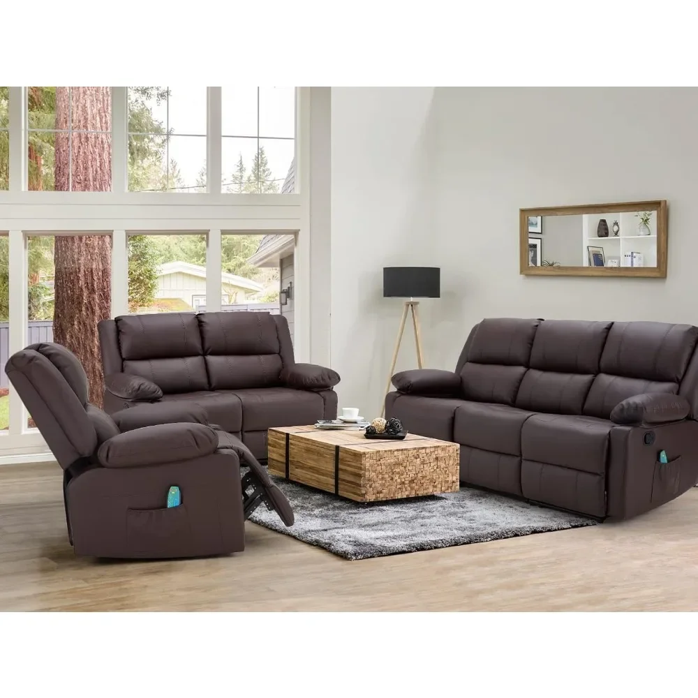 3 Pieces Recliner Sofa Set,Overstuffed Recliner Sofa with Massage&Heat Function,Modern Manual Control Faux Leather Couch Set