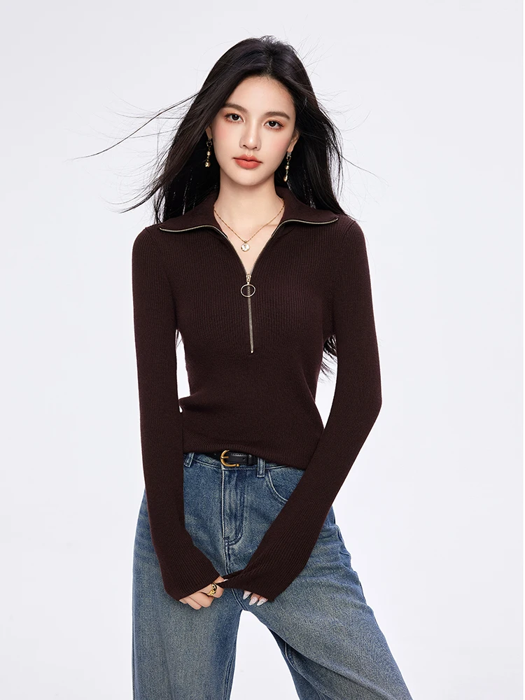 Women Solid Color Knitted Tops Chic Zipper Lapel Long Sleeves Sweater Autumn New Fashion Slim Fit Retro Tops