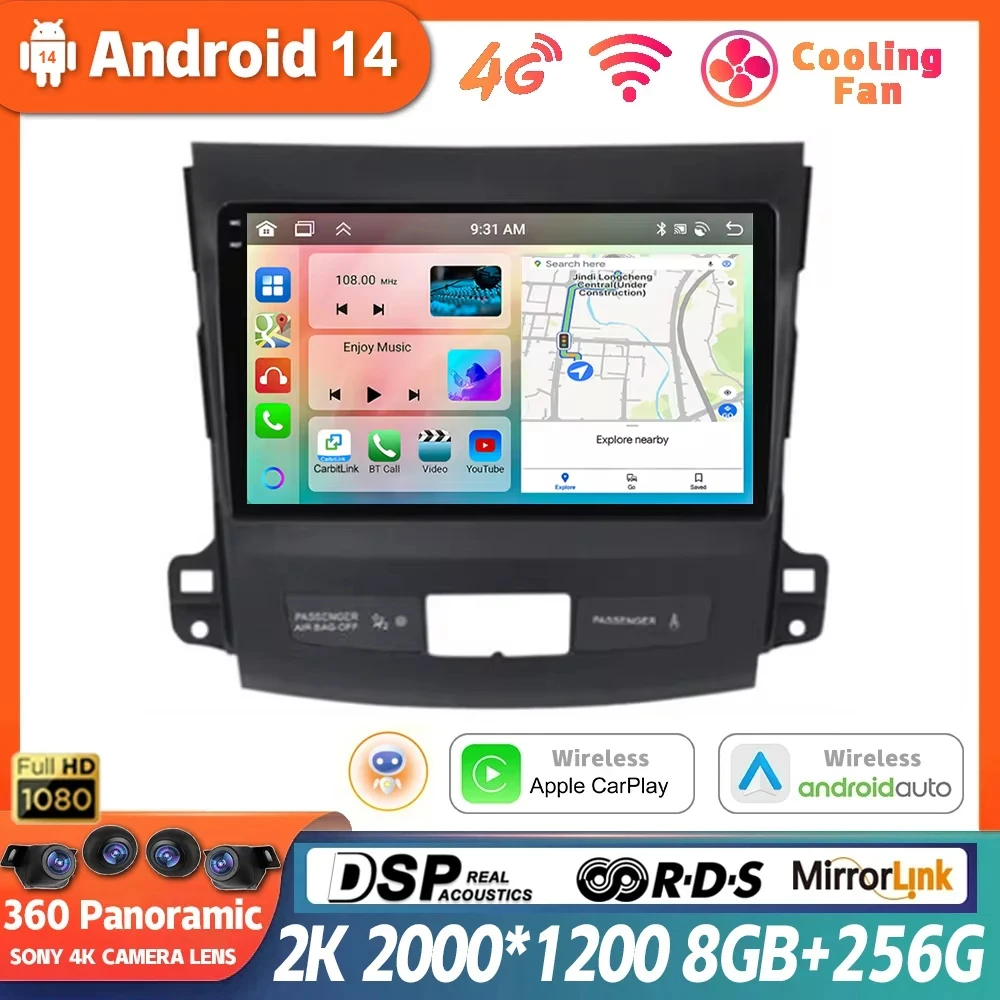 Android 14 For Mitsubishi Outlander Xl 2 2005-2011 Peugeot 4007 Car Radio Multimedia Video Player GPS 360 Camera Auto Carplay BT