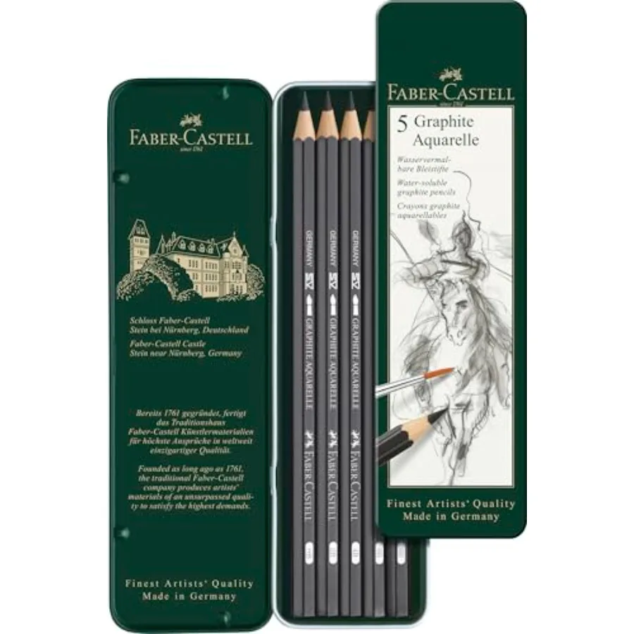 5 Piece Quality Water-Soluble Graphite Aquarelle Pencils in a Tin, Including HB, 2B, 4B, 6B and 8B, Grey