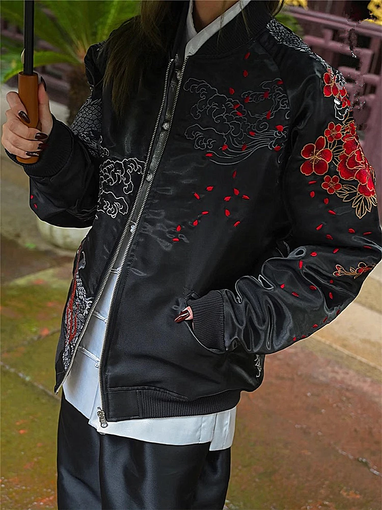 New Men Boys Black Dragon Peony Embroidered Reversible double-sided Sukajan Souvenir Jacket  2024 China Dragon Year Exclusive