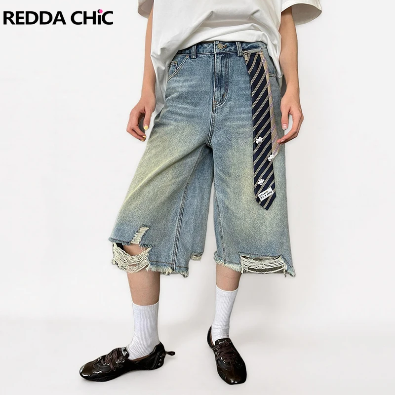 REDDACHiC Striped Tie Stitch Jean Shorts Cute Cartoon Hands Low Rise Loose Casual Wide Leg Ripped Bermuda Pants Women Streetwear