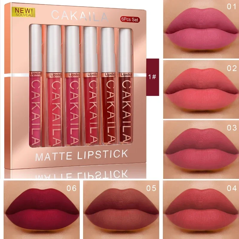 6-delige lippenstiftset Matte lipgloss Waterdicht Langdurig Lipglazuur Tint Vloeibare lippenstift Anti-aanbak Cup Make-up Schoonheid Cosmetica