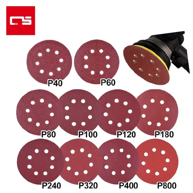 Discos de lixamento abrasivo para madeira Metalworking, Lixa Redonda, Gancho Loop Sheet, 8 furos Polishing Pad, Ferramenta Abrasiva, 125mm