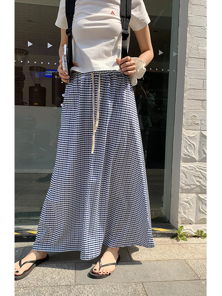 Elastic Waist Midi Long Blue Plaid Skirt women summer boho plus size pleated korean y2k clothes /Unlined Without Lining Skirts