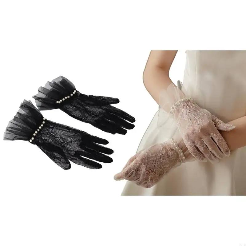 D0UD Wedding Lace Gloves Bridal Gloves Bride Floral Cuff Gloves with Artificial Pearl
