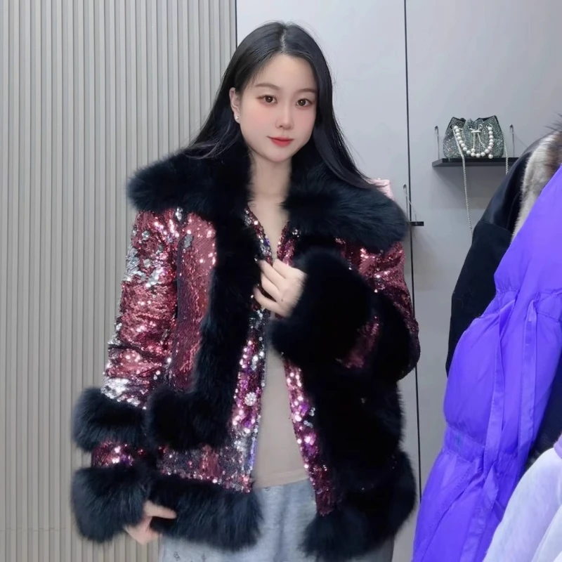 سترة أنيقة سميكة مبطنة بالصوف المرقعة لينة مريحة أبلى الصناعة الثقيلة الترتر فو الفراء معطف فروي طوق أعلى الشتاء #5