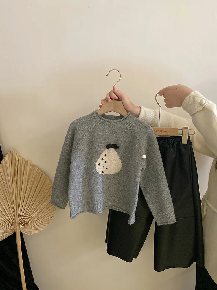 

Little Girl Cartoon Knitted Sweater Autumn Winter New Fleece Lined Coat Fleece Warm Leather Pants Set Trendy