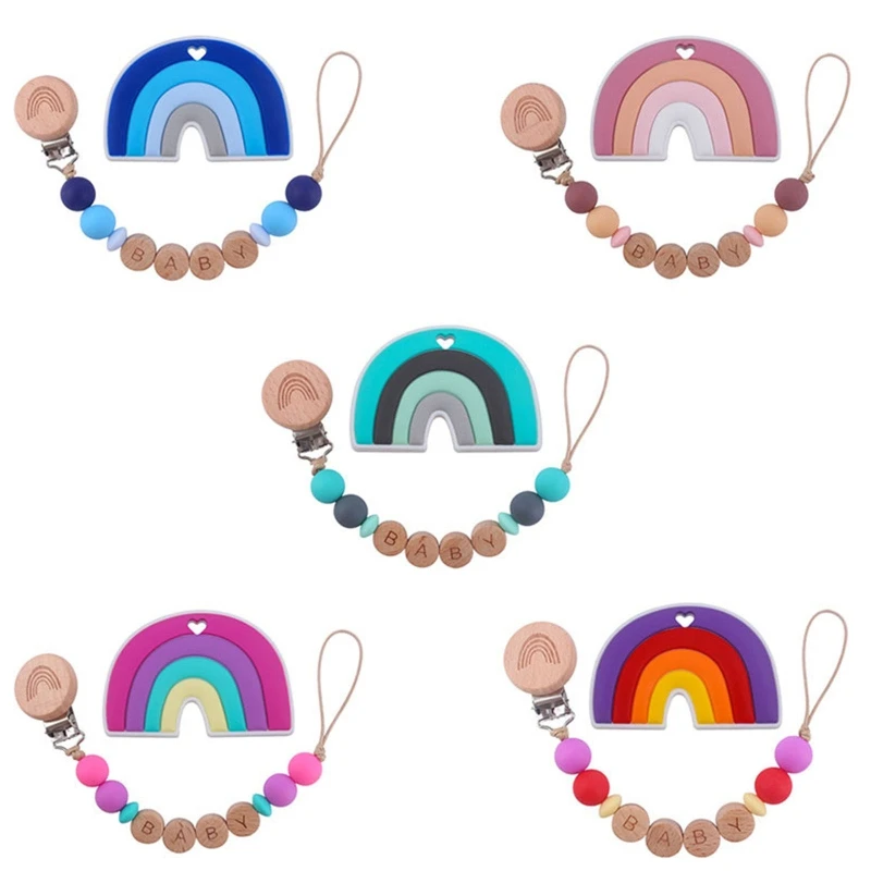 2 Pcs Baby Pacifier Chain Clip Rainbow Teether Set Newborn Nipple Clip Holder Silicone Teething Soother Molar Infant