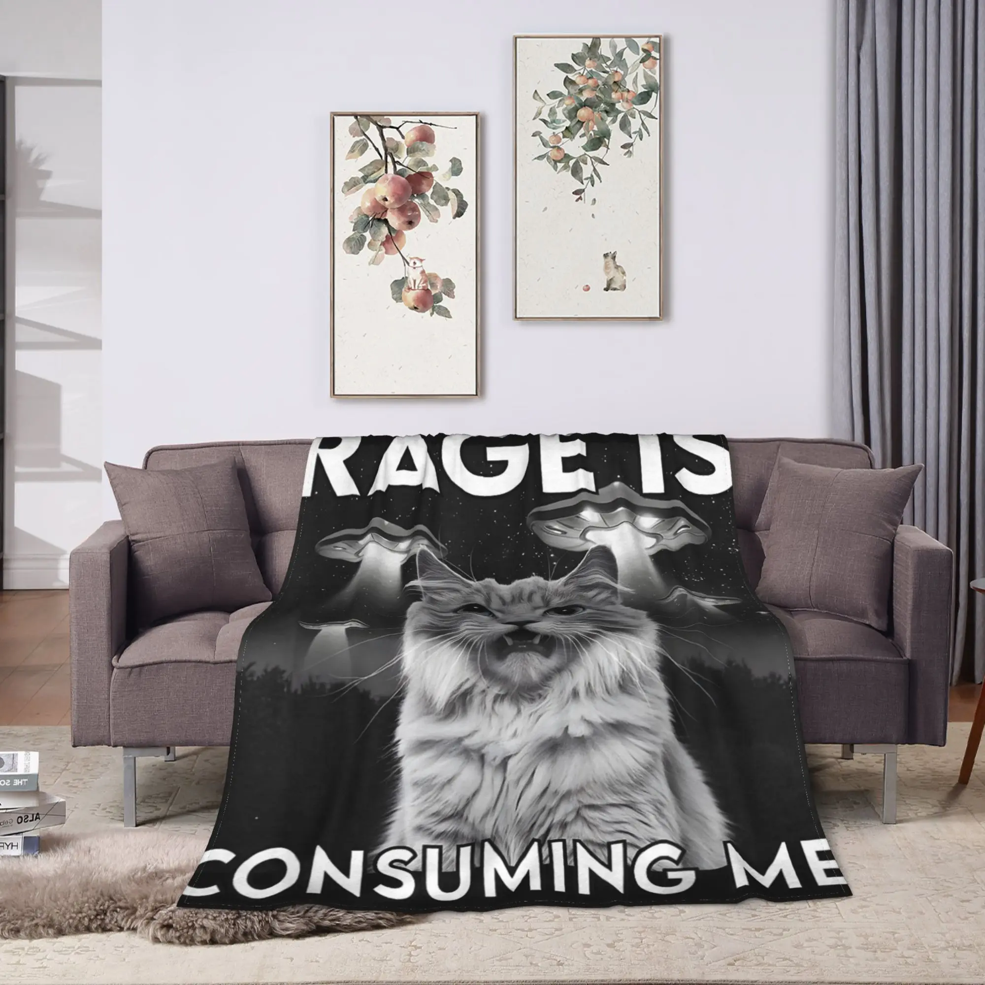 Rage Is Consuming Me Cat Staring Cat Meme Ufo Flannel Blanket  Warm Soft Bedding Throws for Home Decor Bedspread Sofa Bed Cover