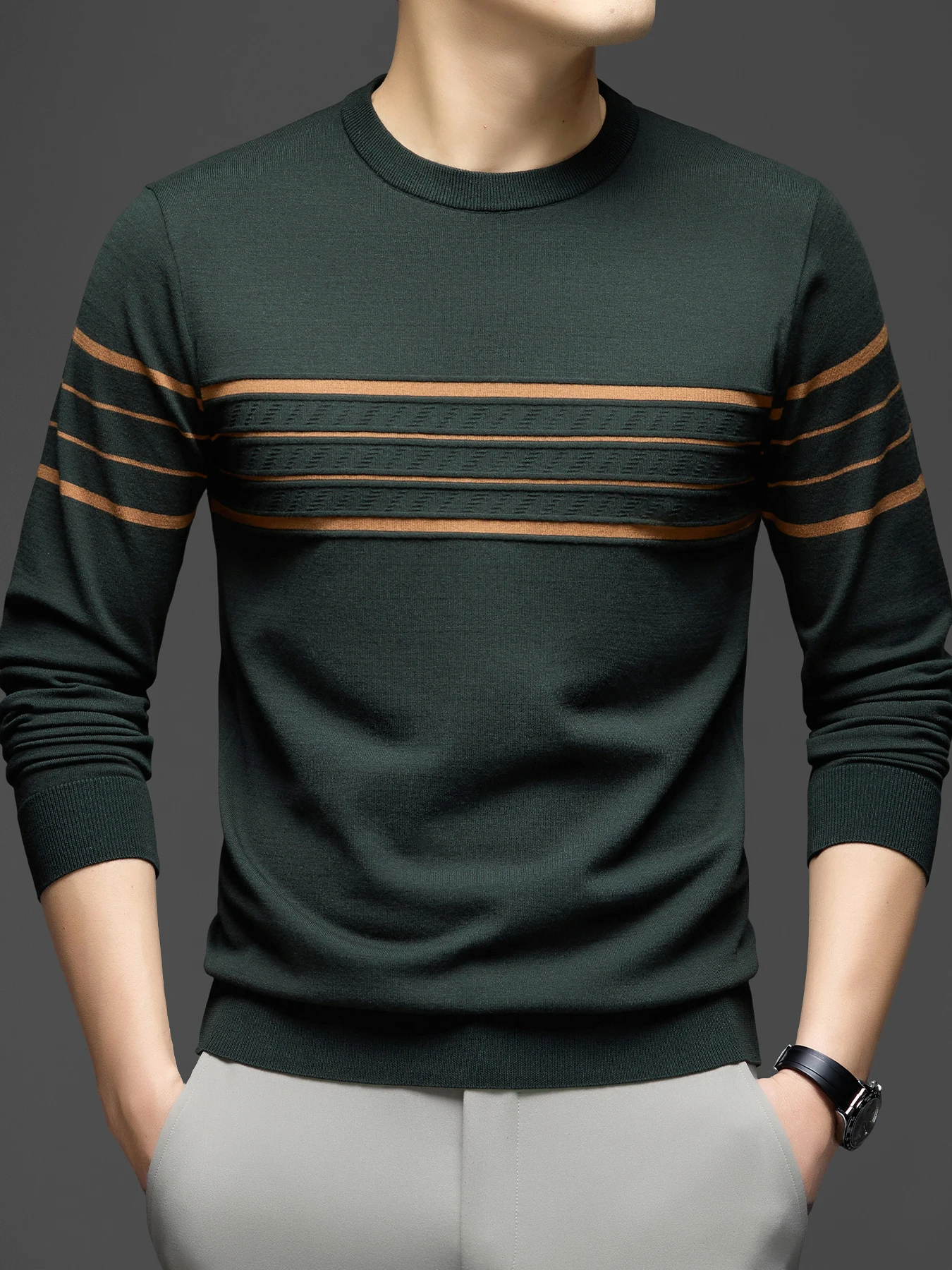 Men Spring Autumn Long Sleeve Striped Knit Sweater Soft Comfortable Crew Neck Casual Pullover Jumper Daily Wear
