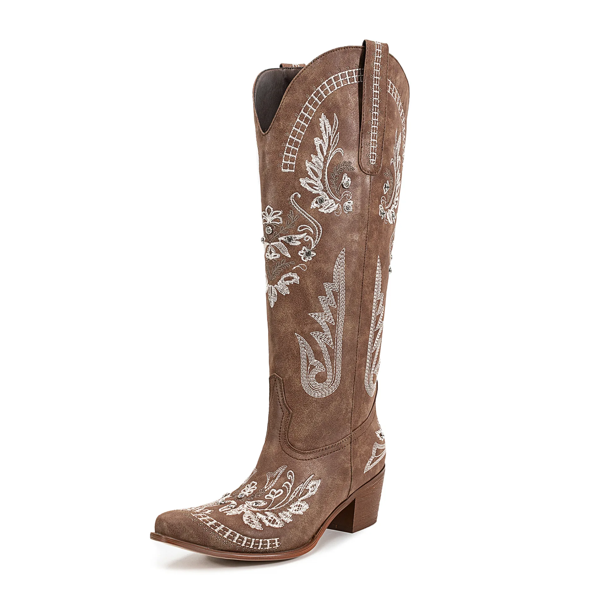 Dames lederen kniehoge cowboylaarzen Vintage geborduurde bloemen westerse laarzen Vierkante neus Blokhak laarzen voor herfst winter