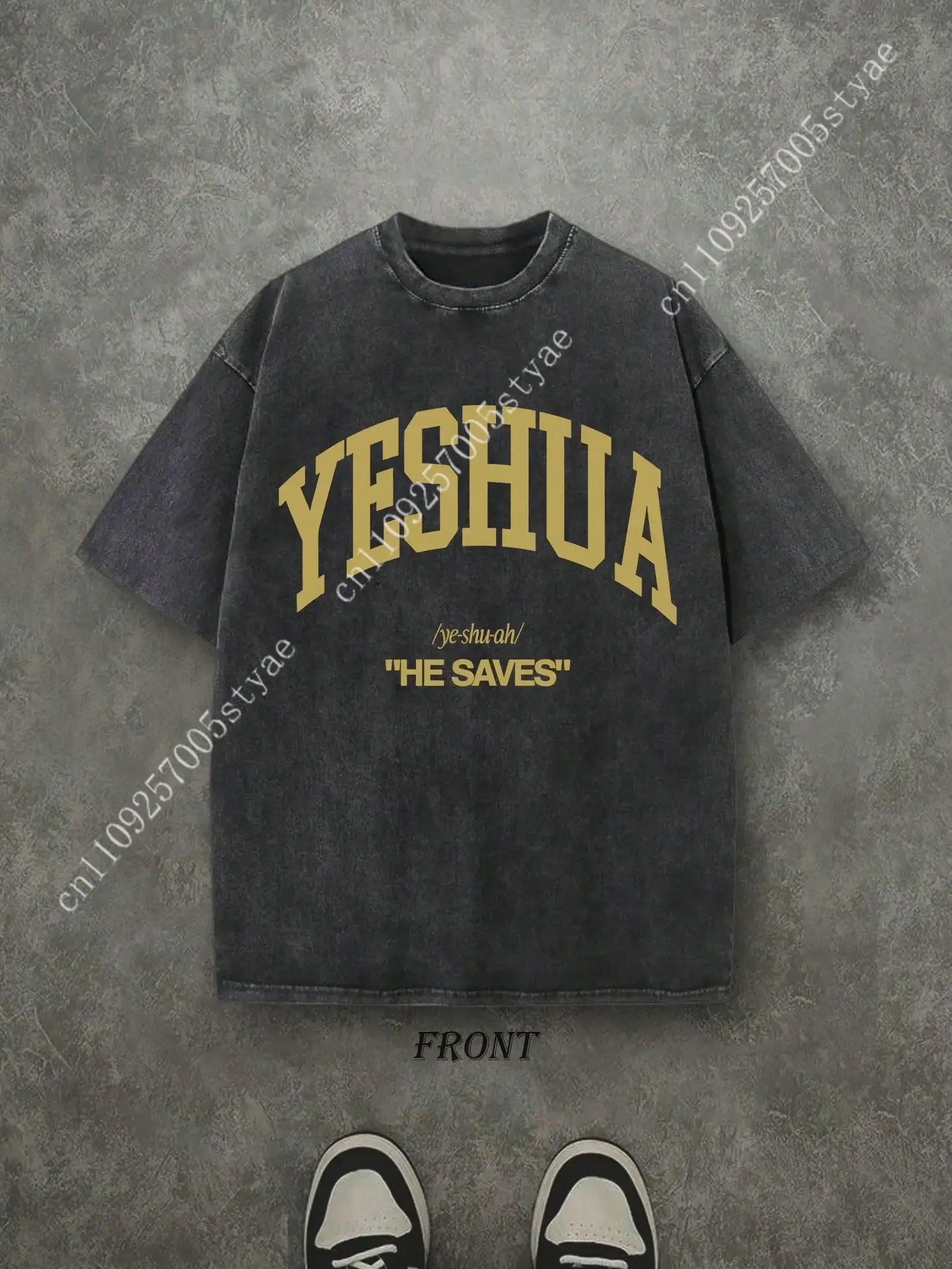 

Vintage Yeshua "He Saves" Christian T‑Shirt, Gold Varsity Letter Washed Black Cotton Oversized Short Sleeve Tee, Retro Faith‑Bas