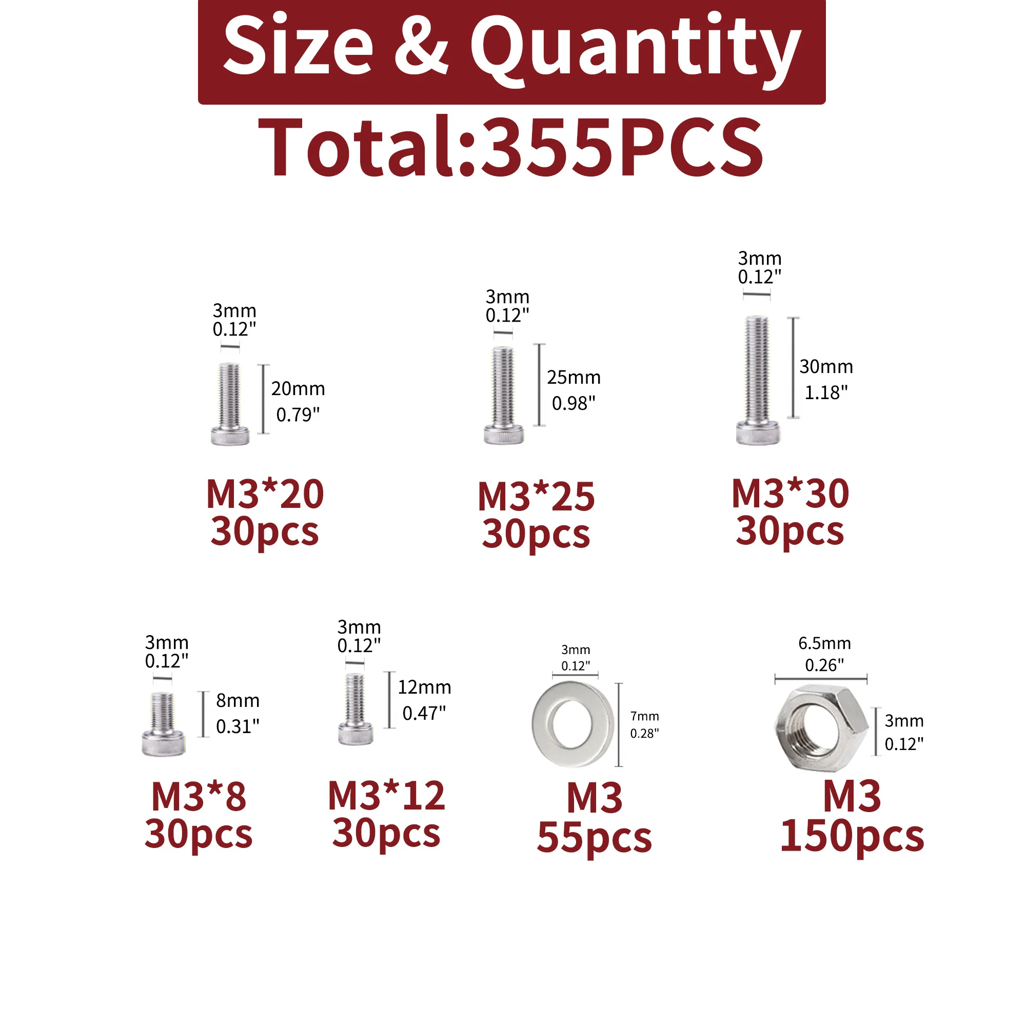 355pcs M3 Hexagon Socket Screws Bolts Nuts Washer Assortment Kit, 304 Stainless Steel Polished Surface,M3 X 8/12/20/25/30mm