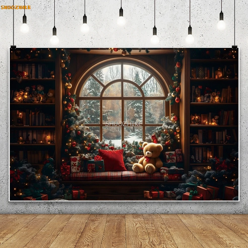 クリスマスの暖炉の背景,クマの写真,子供,赤ちゃん,家族の写真撮影,クラシックなレトロなキャビネット,クリスマスツリー,ギフトの背景