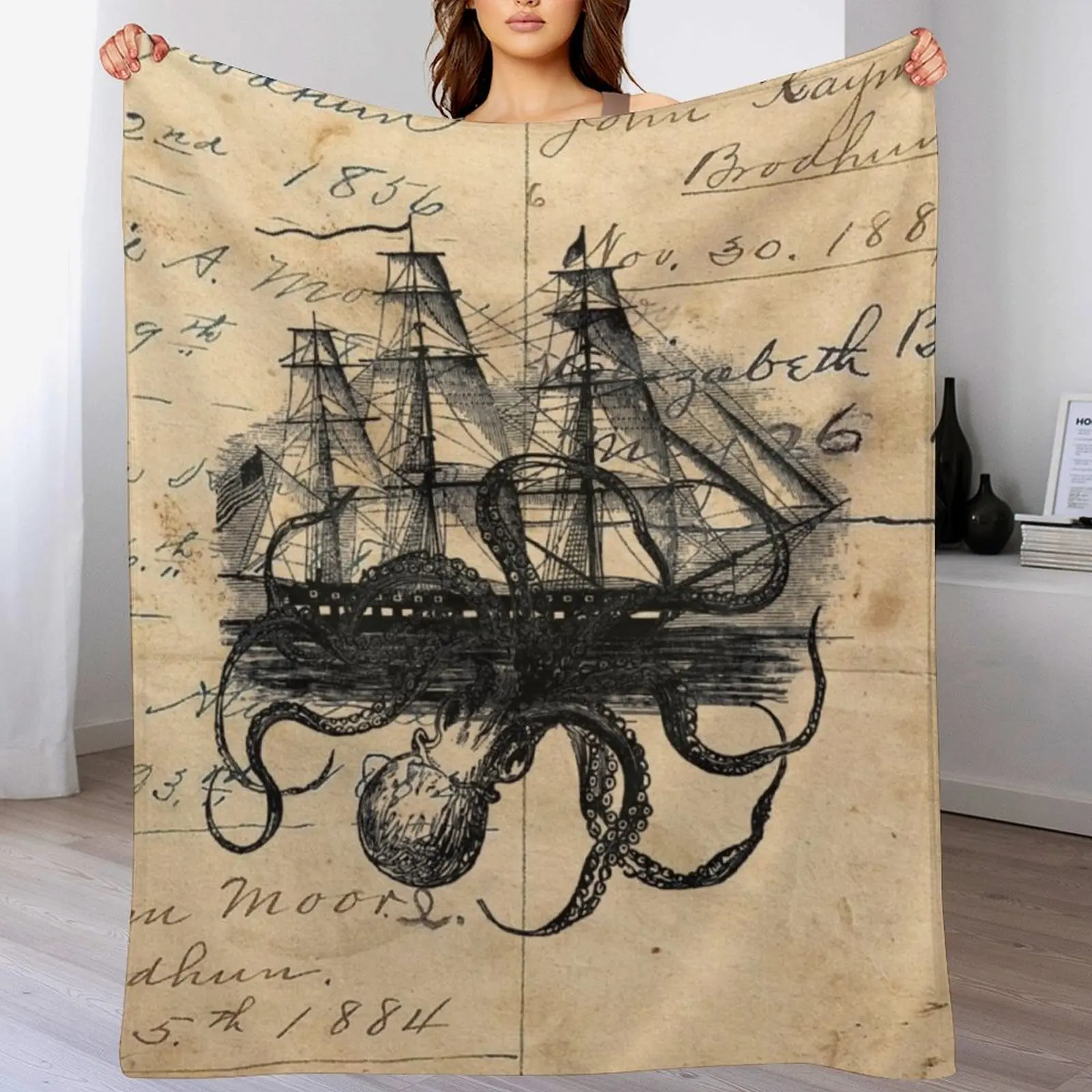 Kraken Attacking Ship on Ledger DesignKAS947 Throw Blanket Sofa Throw Winter beds Blankets