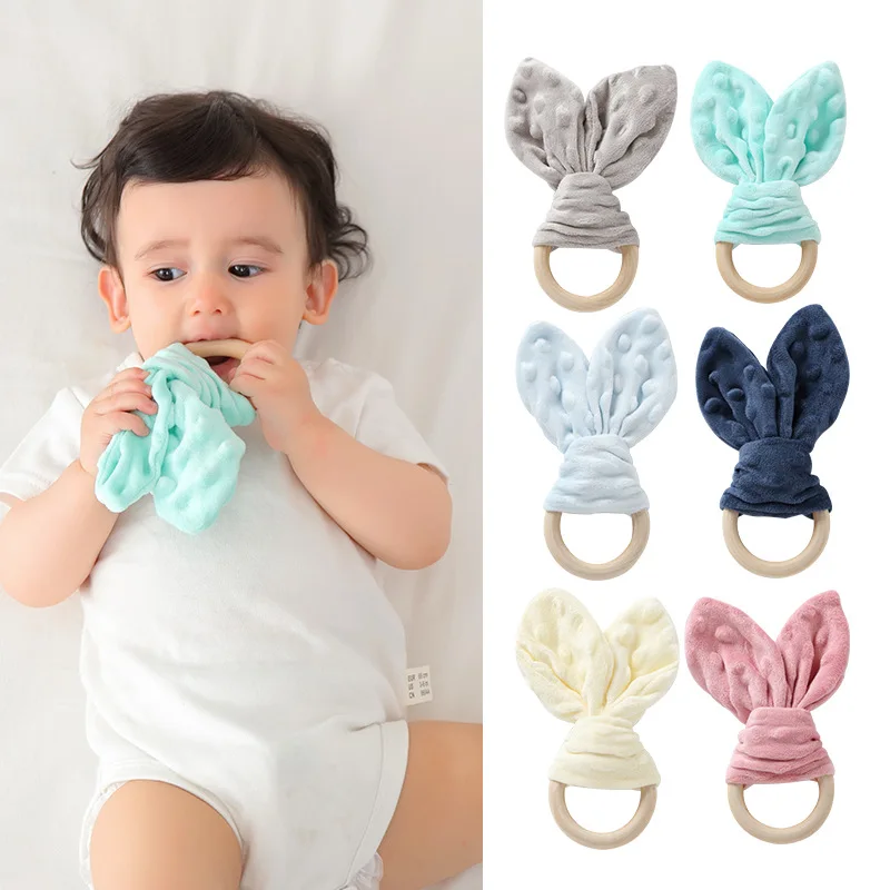 Cute Cotton Rabbit Ears Baby Teether Newborn Wooden Teething Ring Hand Grasp Toy Safe Organic Wood Bracelet Rattle Sensory Toy