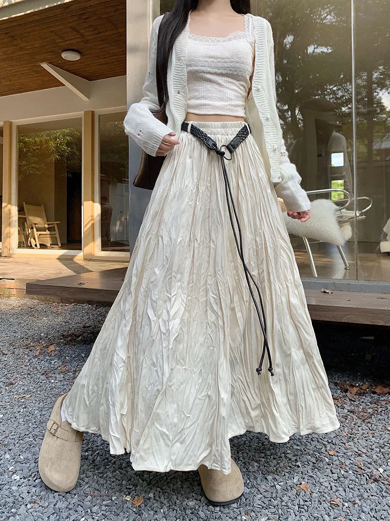 กระโปรงยาวทรงเอวสูง 3 สี ไซส์ SML สไตล์เกาหลี จีบพลีท แฟชั่นผู้หญิง ฤดูใบไม้ผลิ ฤดูใบไม้ร่วง 2026 สตรีทแวร์ ทันสมัย