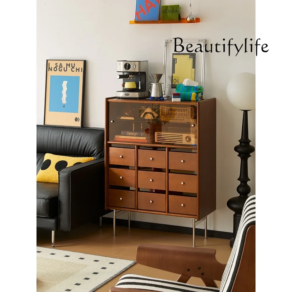 Medieval solid wood nine-chest cabinet, living room display rack, Nordic dining side cabinet, bedroom storage locker