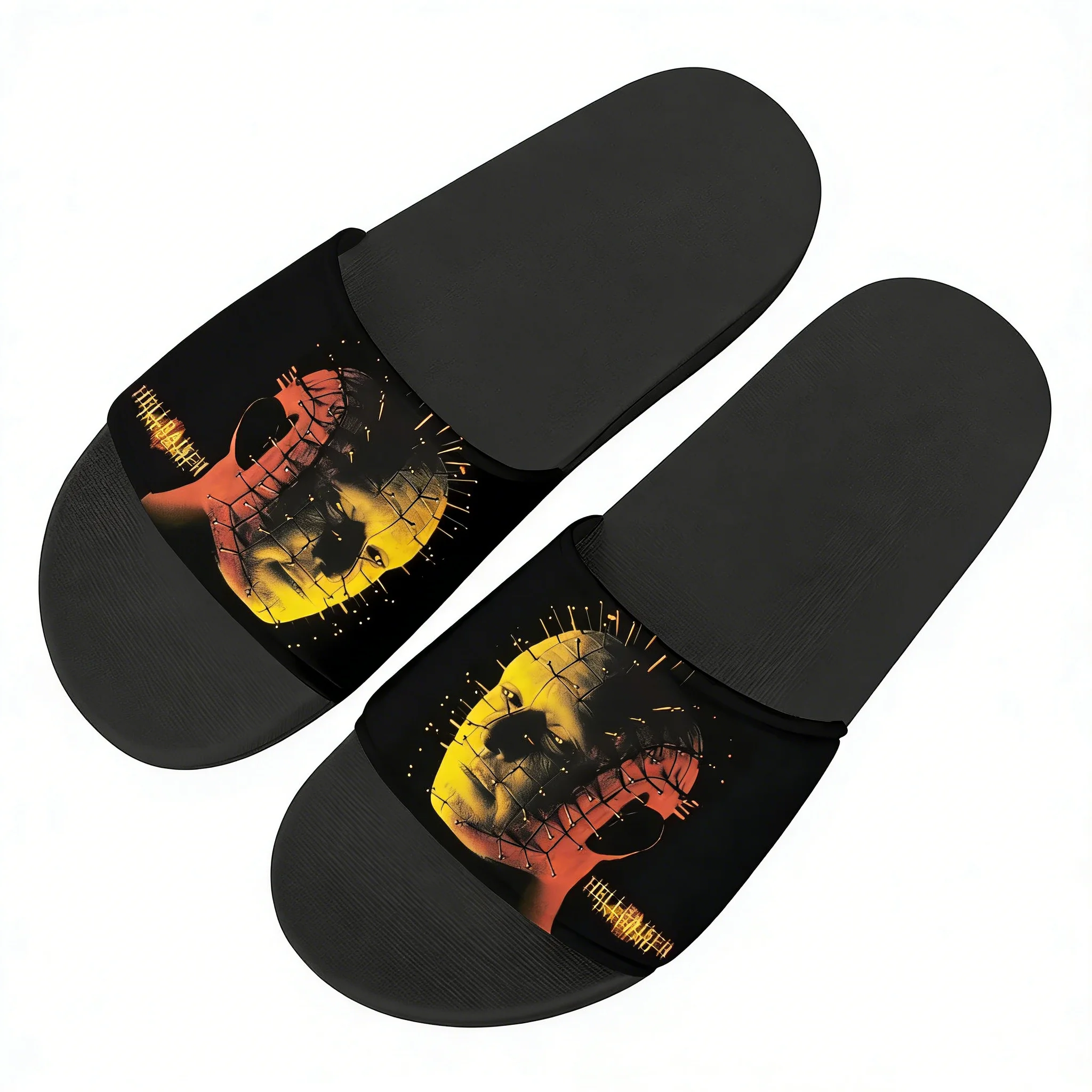

Шлепанцы Hellraiser для мужчин, женщин, мальчиков и девочек, индивидуальный пошив, с фото и текстом, для ванной и пляжа, черные
