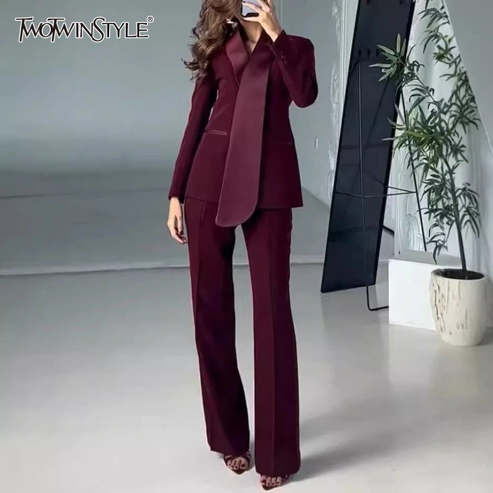 TWOTWINSTYLE Solid Two Piece Sets for Women Lapel Long Sleeve Tunic Coat High Waist Pant Slimming Sets Female Fashion