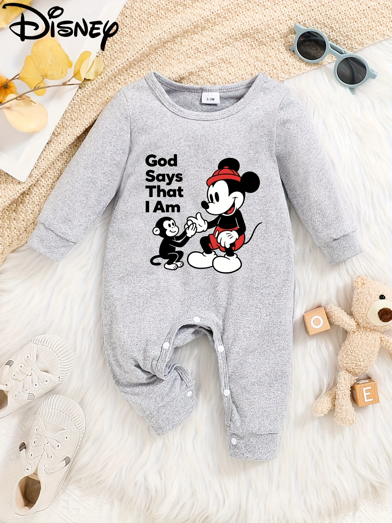 

【Authorized】Disney Minnie Mouse Baby Long-Sleeve Romper, Cute Pattern Print, Round Neck, Soft and Comfortable, Machine Washable, Suitable for All Seasons, Suitable for Outdoor Wear
