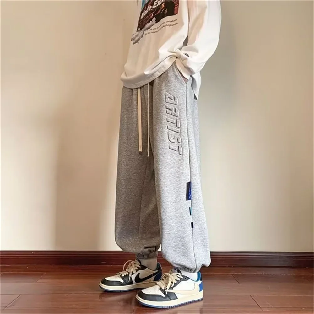 

Флисовые повседневные брюки для мужчин, весна-осень, свободные потертые ноги, серые уличные модные спортивные брюки для мужчин, студенческие брюки