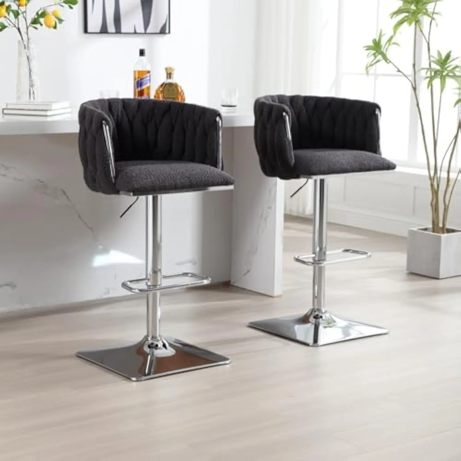 

Swivel Bar Stools Set of 2, Adjustable Counter Height Barstools with Woven Backrest and Silver Base, Boucle Fabric Upholstered