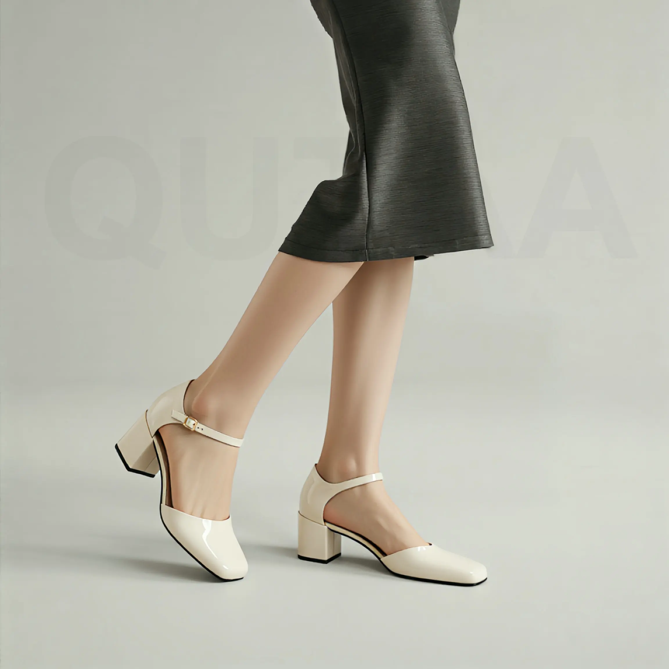 Women's Leather Square-Toe High Heel Pumps with Buckle Strap