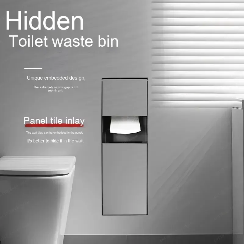 304 Stainless Steel Recessed Hidden Trash Can With Tissue Box, In Wall Niche Waste Bin For Bathroom Toilet