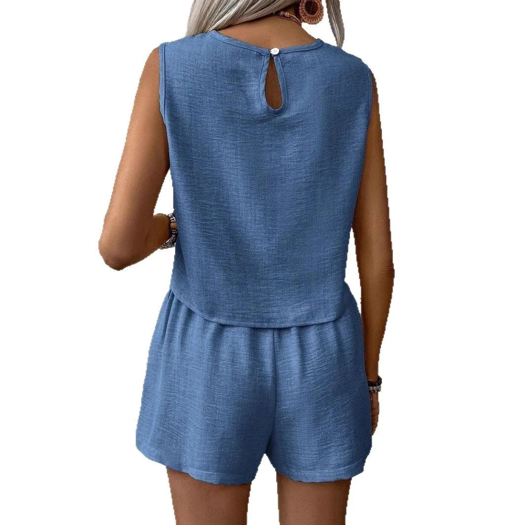 Conjunto de dos piezas de camiseta y pantalones cortos sin mangas de verano para mujer, trajes de chándal deportivos sólidos informales