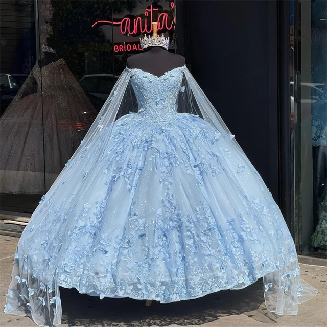 Angelsbrep Gaun Quinceanera Glitter Biru Muda Kupu-kupu dengan Jubah Renda Vestidos De 15 Anos Korset Prom Pesta Ulang Tahun