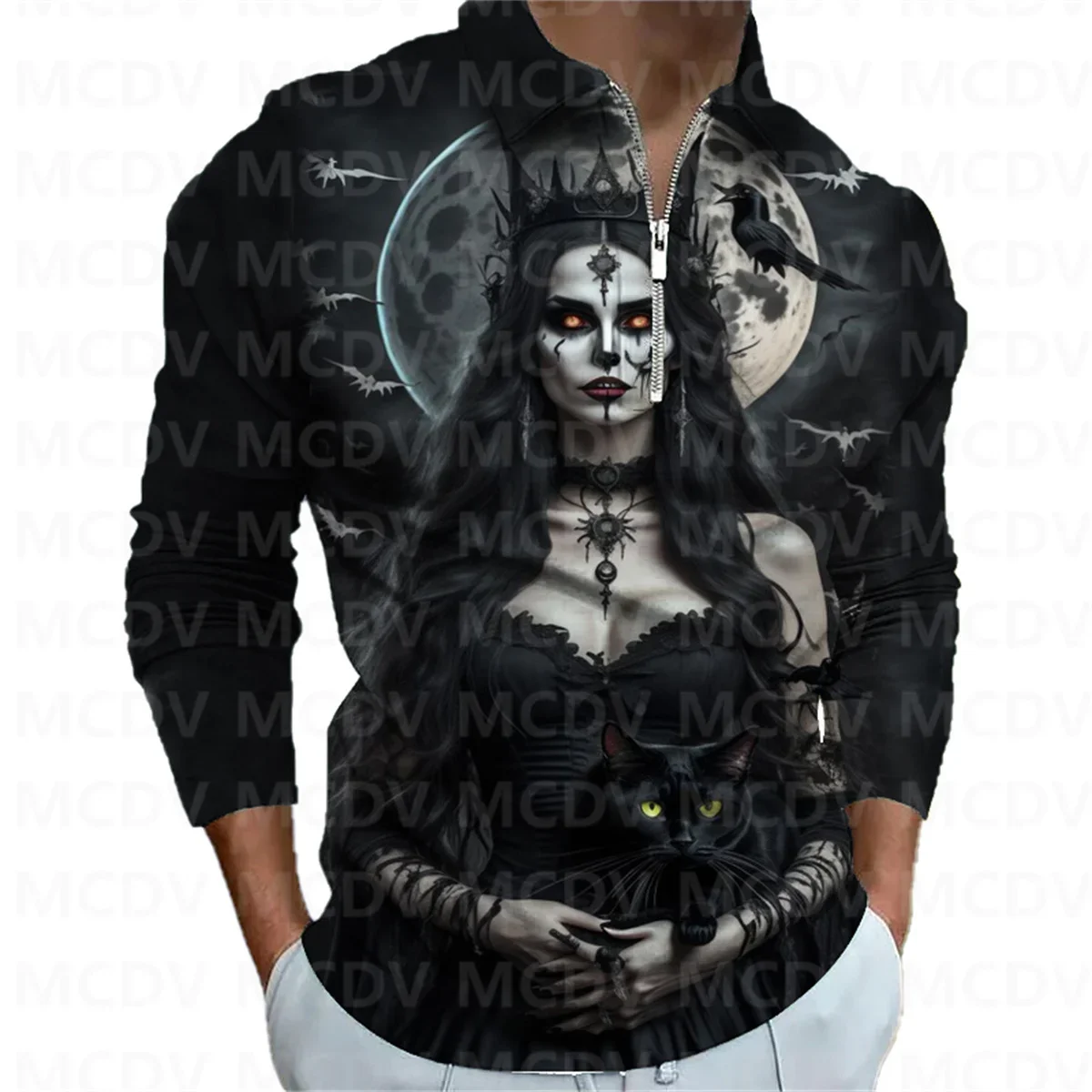 2023 New Men's Long Sleeve Zipper Polo Shirt Halloween Skull 3D Printed Polo Long Sleeve T Shirt Casual Tops